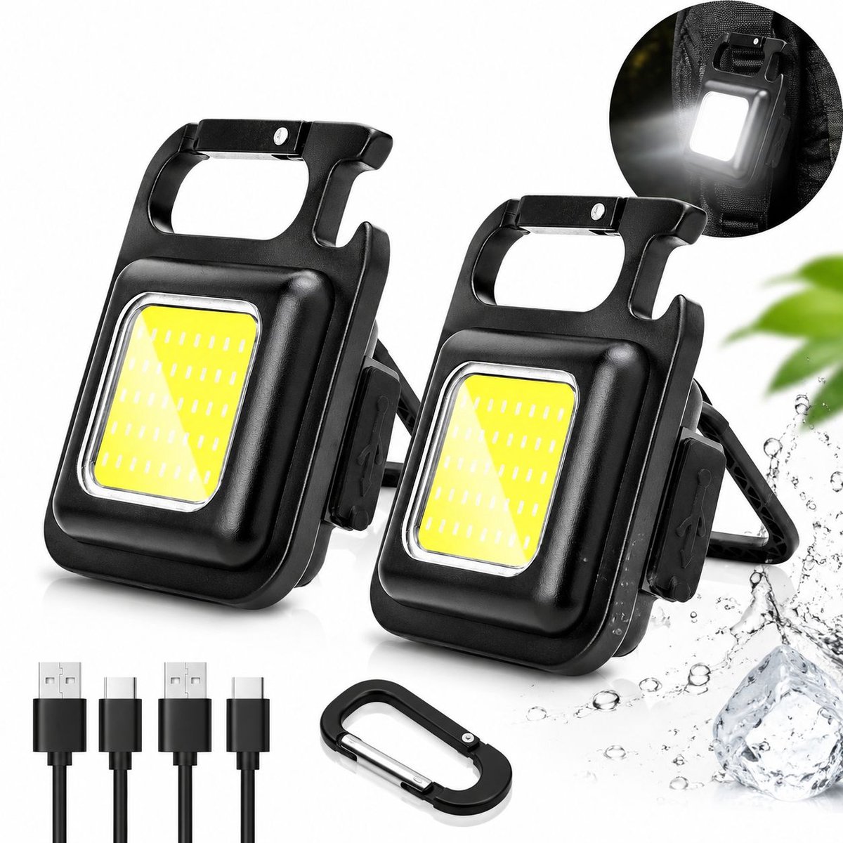 VHV - 2-stuks Zwarte Sleutelhanger zaklamp - Oplaadbare LED-werklamp met magneet, clip & flesopener - Handsfree gebruik voor autoreparaties, noodgevallen, kamperen en buitenactiviteiten - Draagbaar - Multifunctionele opener