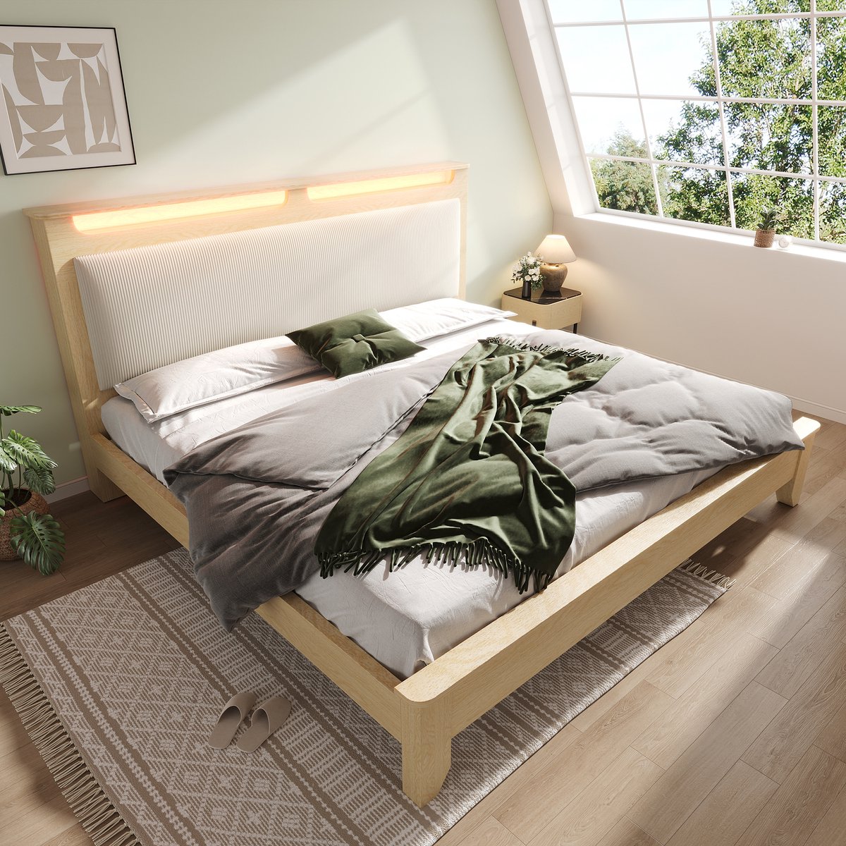 WUVRIE Tweepersoonsbed 140x200 cm met LED-hoofdbord, opbergruimte en ribfluweel bekleding, beige
