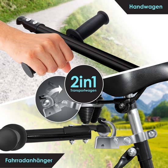 Hand wordt getoond die handvatten vastpakt. 2-in-1 fietskar/handkar. Aansluiting aan fiets.