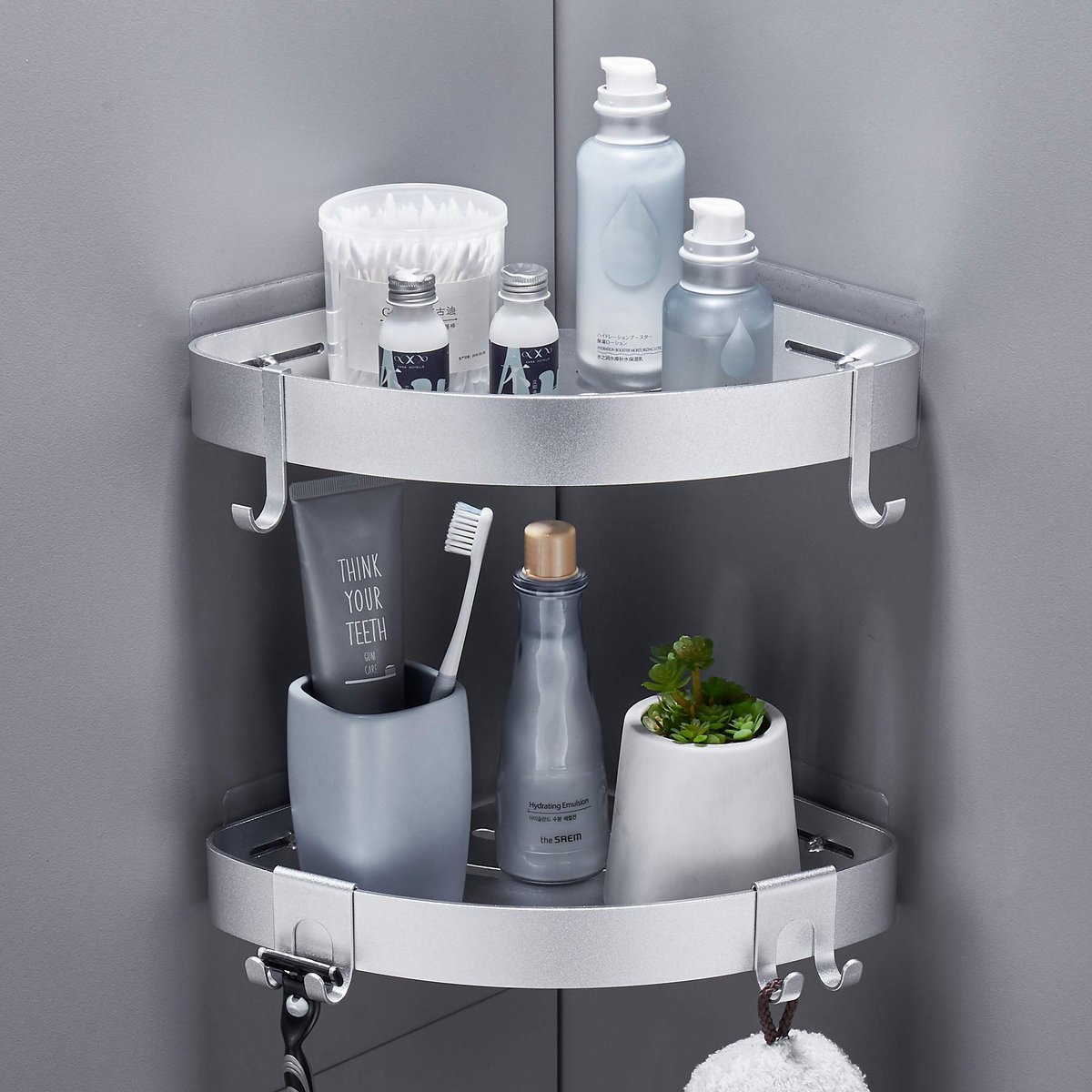 SnelShoppen - Douche Caddy Hoek, Badkamer Plank Douche Opslagrek, Roestvast Aluminium, 2-Pack, Zelfklevende Bad Mand Planken, Muur Gemonteerd, Silver,