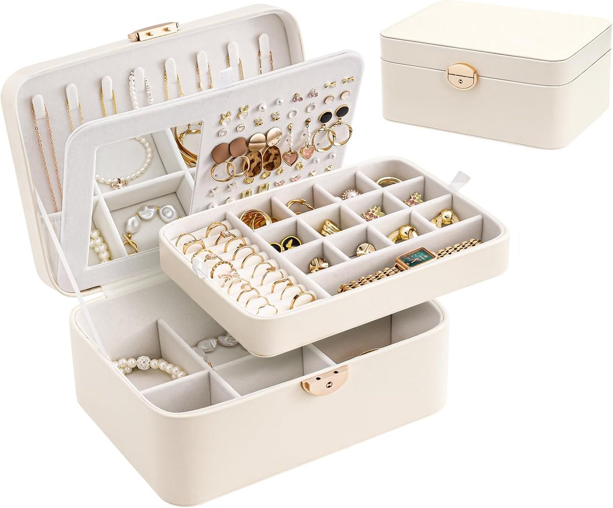 Lolalet Travel Jewellery Box Mirror Organizer Earrings Bracelet Necklace Ring White - ShopVlot