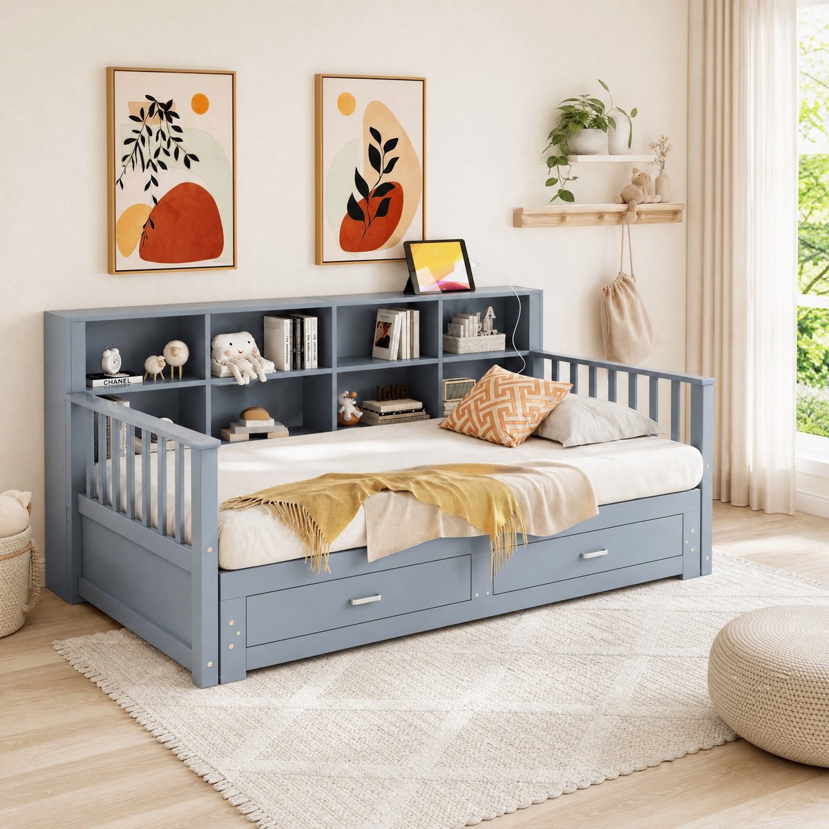 WUVRIE Uitschuifbare slaapbank 90/180x190 cm met 2 lades, opbergvakken en stopcontact, grijs
