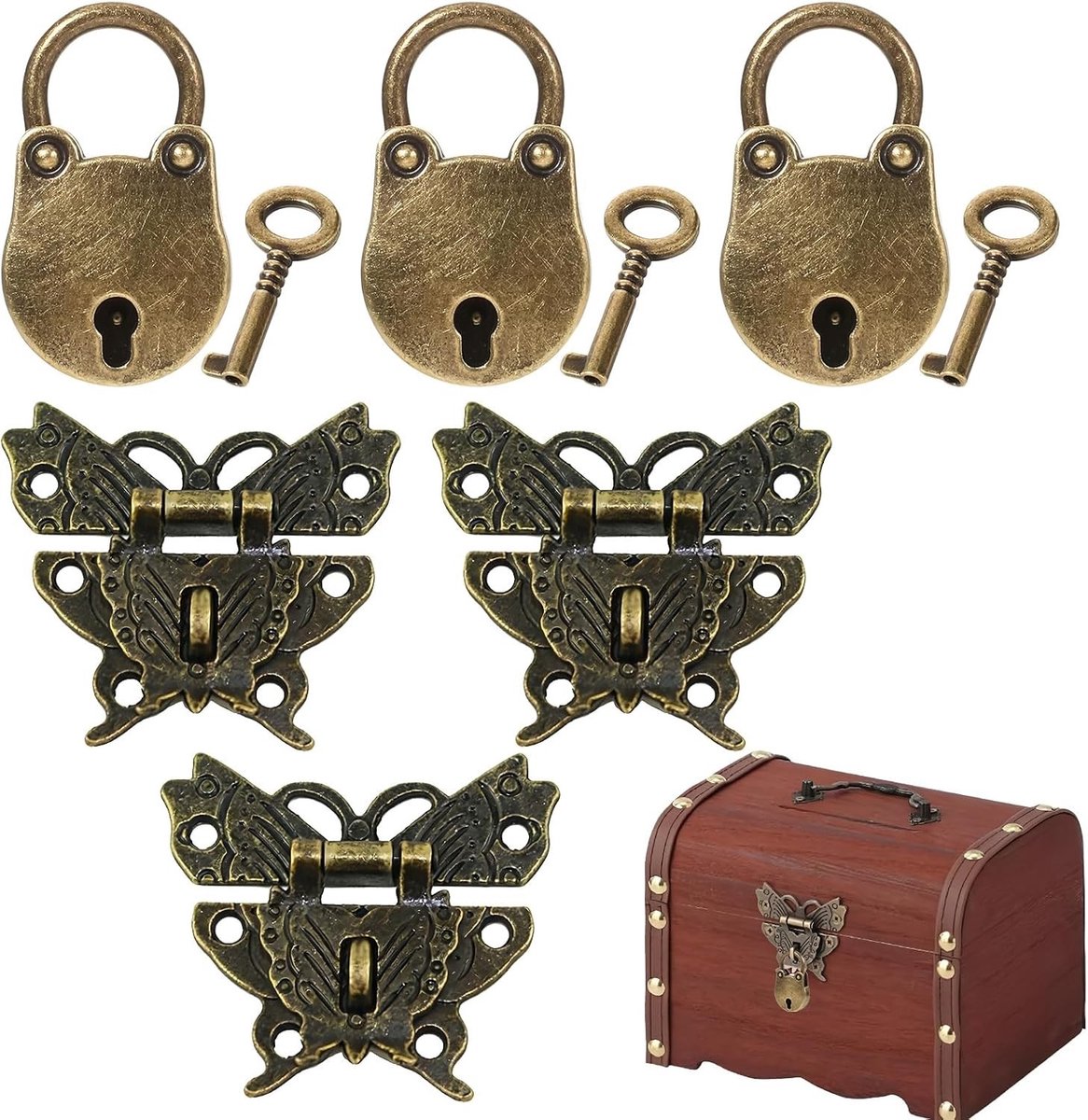 Antieke Vintage Mini Hangsloten Set van 3, Ideaal voor Houten Sieradenboxen en Meubelbeslag met Sleutels en Schroeven