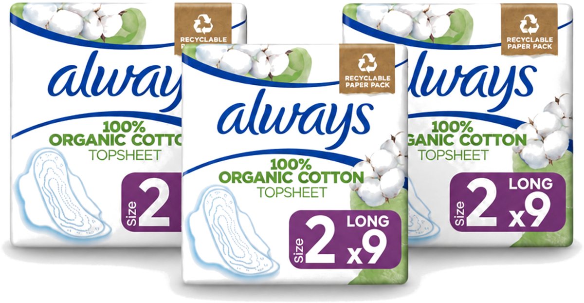 3 x Always - Maandverband - Long - Cotton Protection - Met Vleugels - 9 Maandverband - Voordeelverpakking - 3 stuks