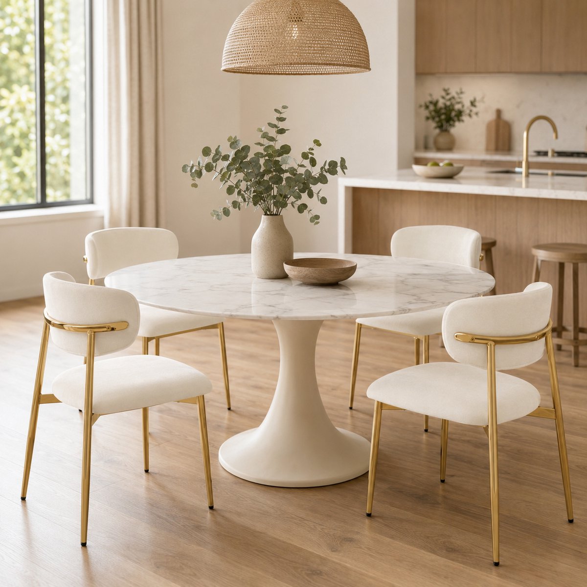 OKWISH Eetkamerstoel - Set Van 4 - Gestoffeerde Zitting - Gouden Onderstel - Polyester - Wit