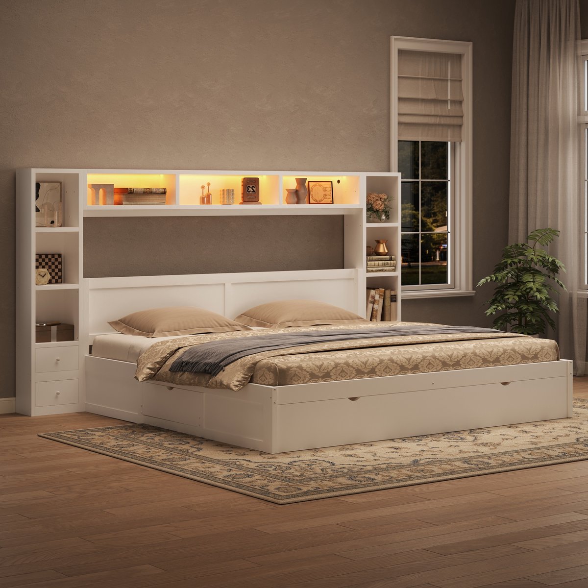 MIVRAY Opbergbed 180x200cm - Tweepersoonsbed Met 7 Laden En LED-Verlichting - Met Opbergvakken - Zonder Matras - MDF En Hout - Wit