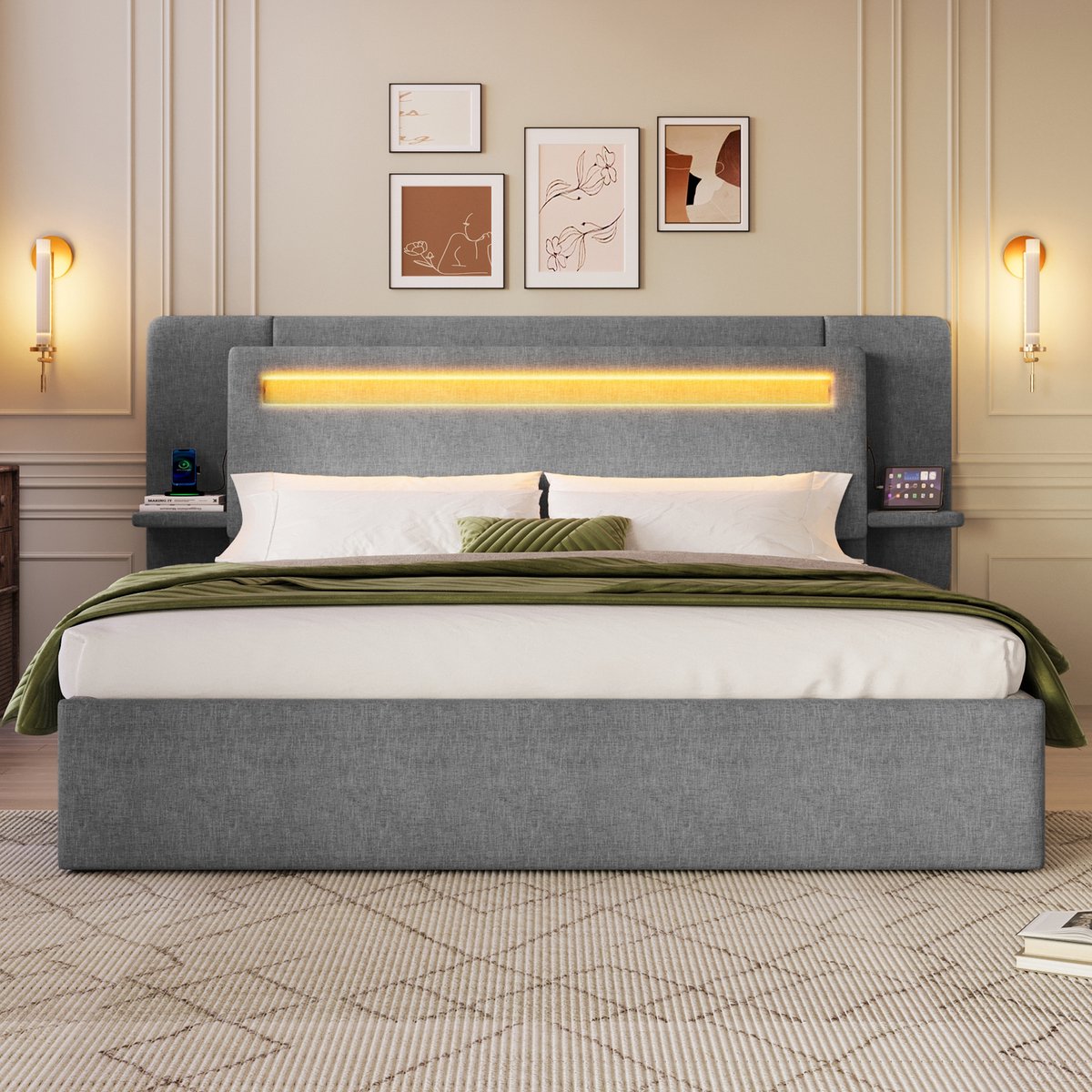 MIVRAY Gestoffeerd Bed 140x200 cm - Met Hydraulische Opbergruimte, Ledverlichting en USB-Aansluiting - Zonder Matras - Linnen - Grijs