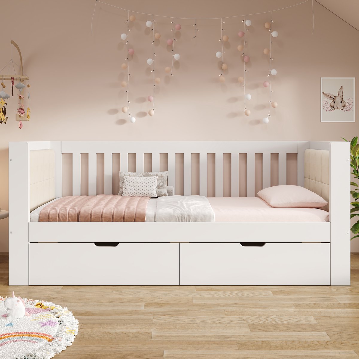 WUVRIE Bedbank 90x190 cm met uitschuifbed, lattenbodems en wielen met rem, wit