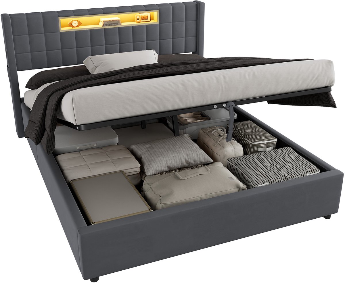 DESMIU Gestoffeerd Bed 160 x 200 cm – Bedframe met LED, USB-C en Opberglades – Donkergrijs – Zonder matras