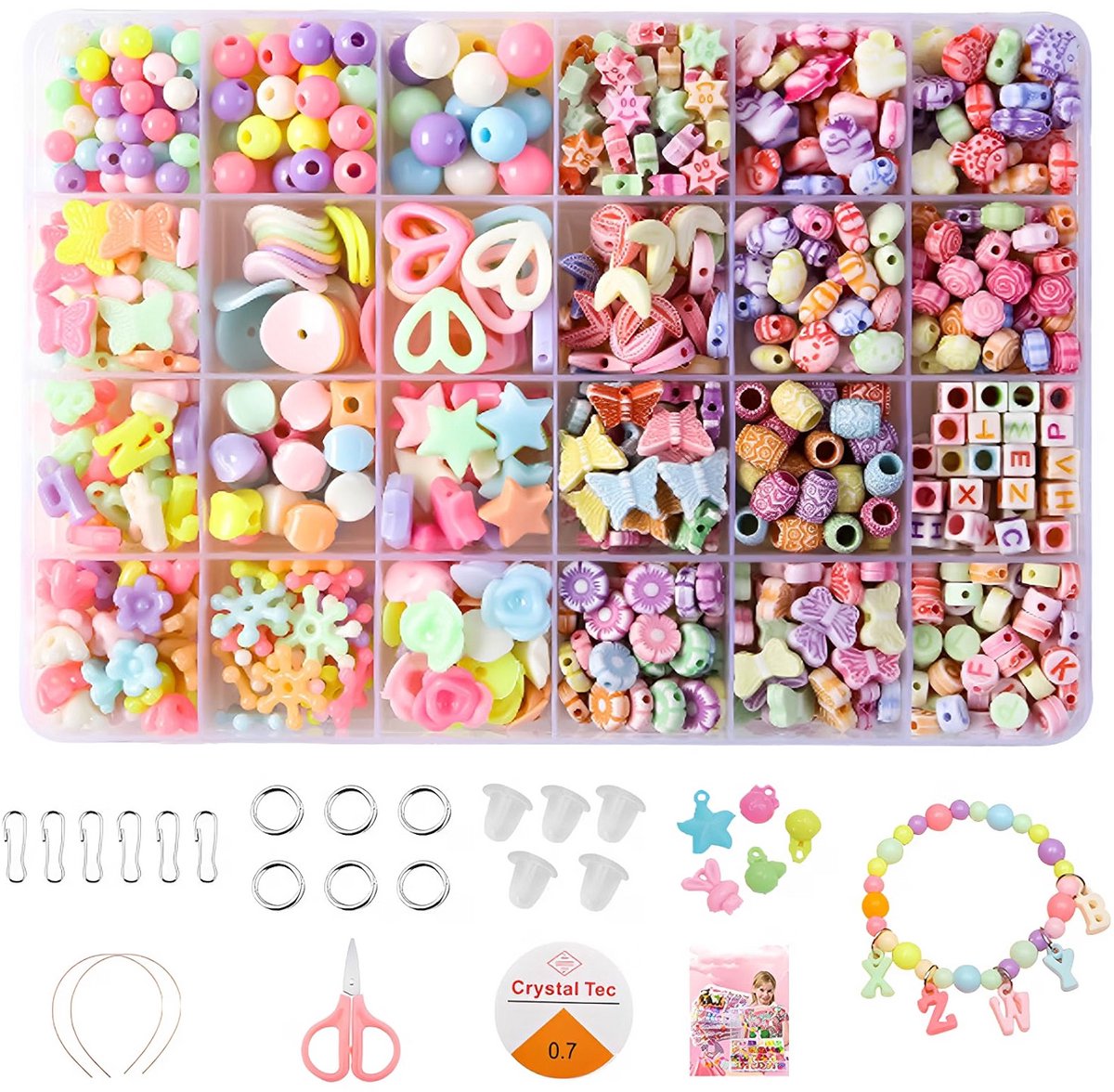 Kralenset voor kinderen - Armbanden zelf maken - Sieraden knutselen thuis - Oceaan macaron kralen - Letterkralen met accessoires - Inclusief gereedschap - Vanaf 3 jaar - 24 vakken - Meerkleurig - 200 g
