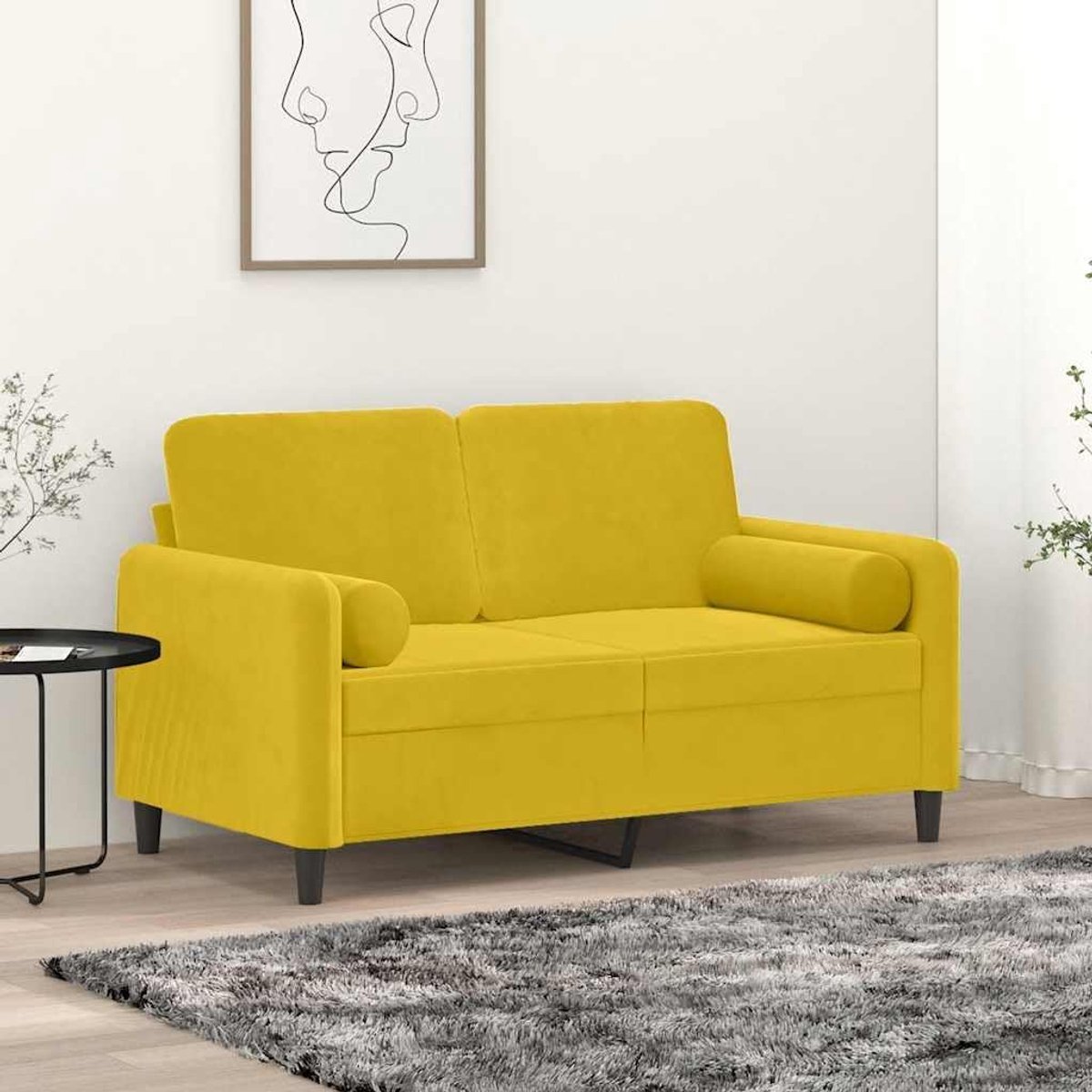 2-zitsbank, geel, 120 cm, fluweel met sierkussen, zachte velours bekleding voor woonkamer, afneembare overtrek, robuust metalen frame, comfortabele zitting, decoratief