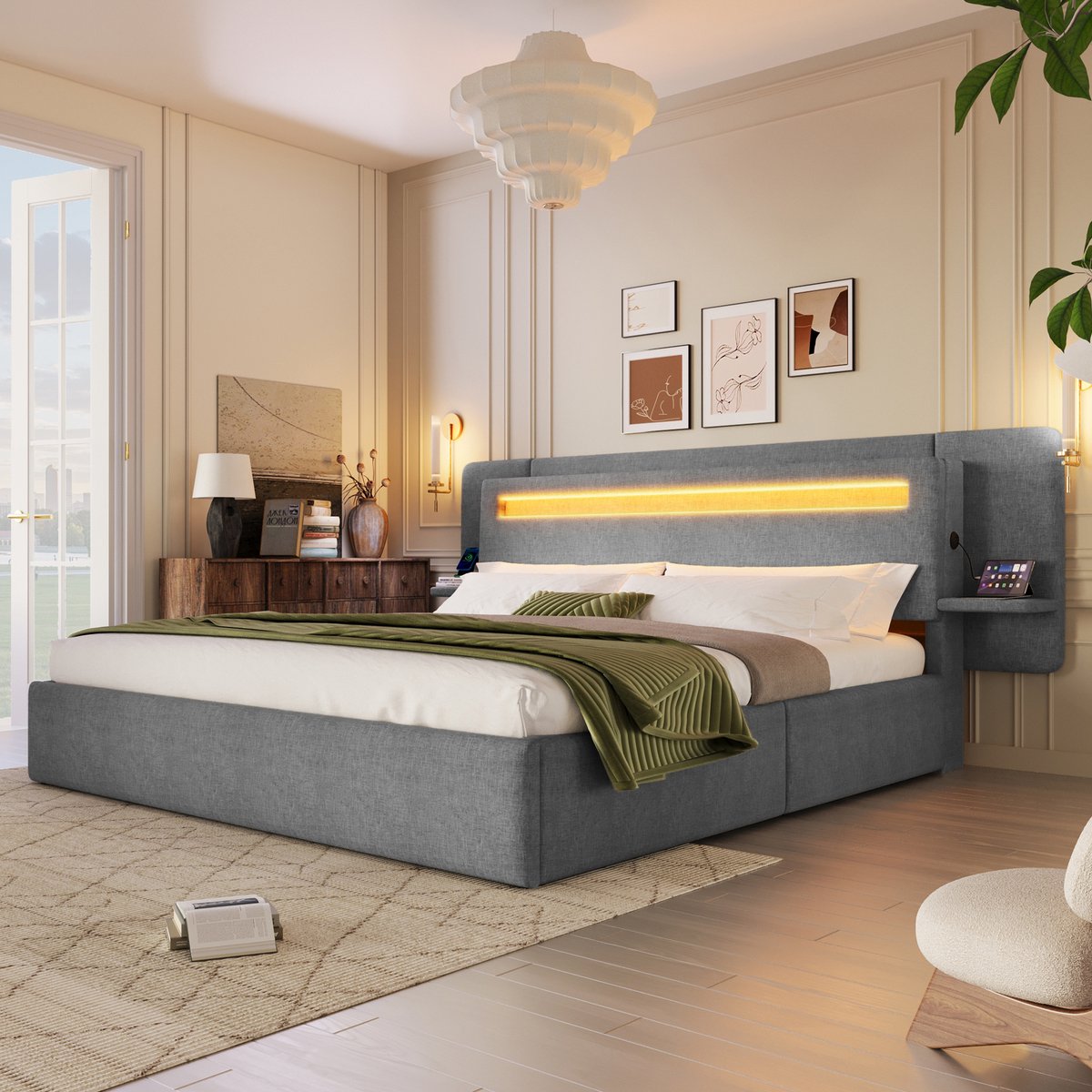 STILVORA Gestoffeerd Bed 180 x 200 cm – Hydraulische Opbergruimte Met LED Verlichting – Nachtkastje Met USB Aansluiting – Zonder Matras – Grijs