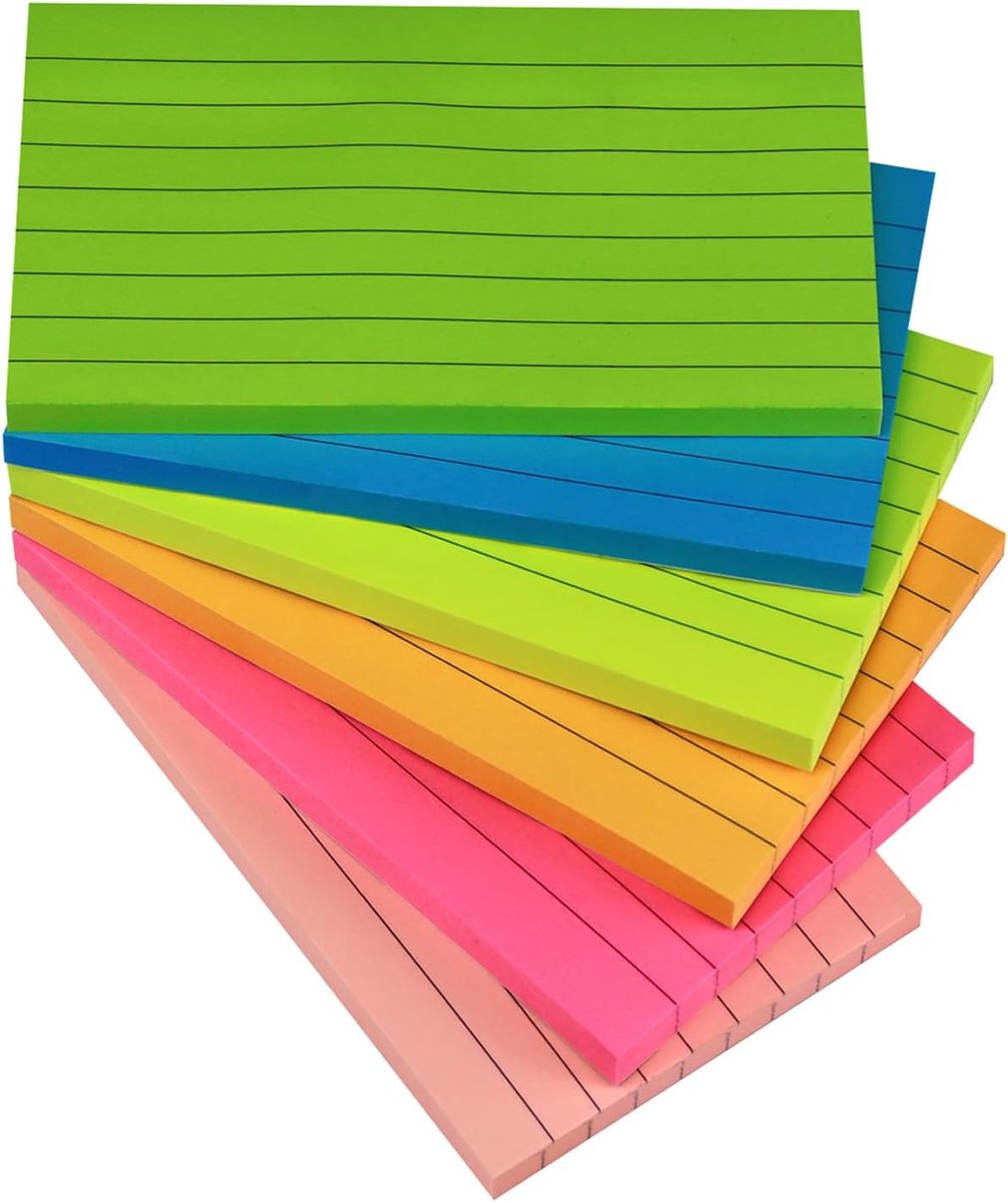 7.6 x 12.7 cm Large Lined Sticky Notes 76 x 127 mm, 6 Bright Colours, Assorted, Landscape Format, Lined - ShopVlot
