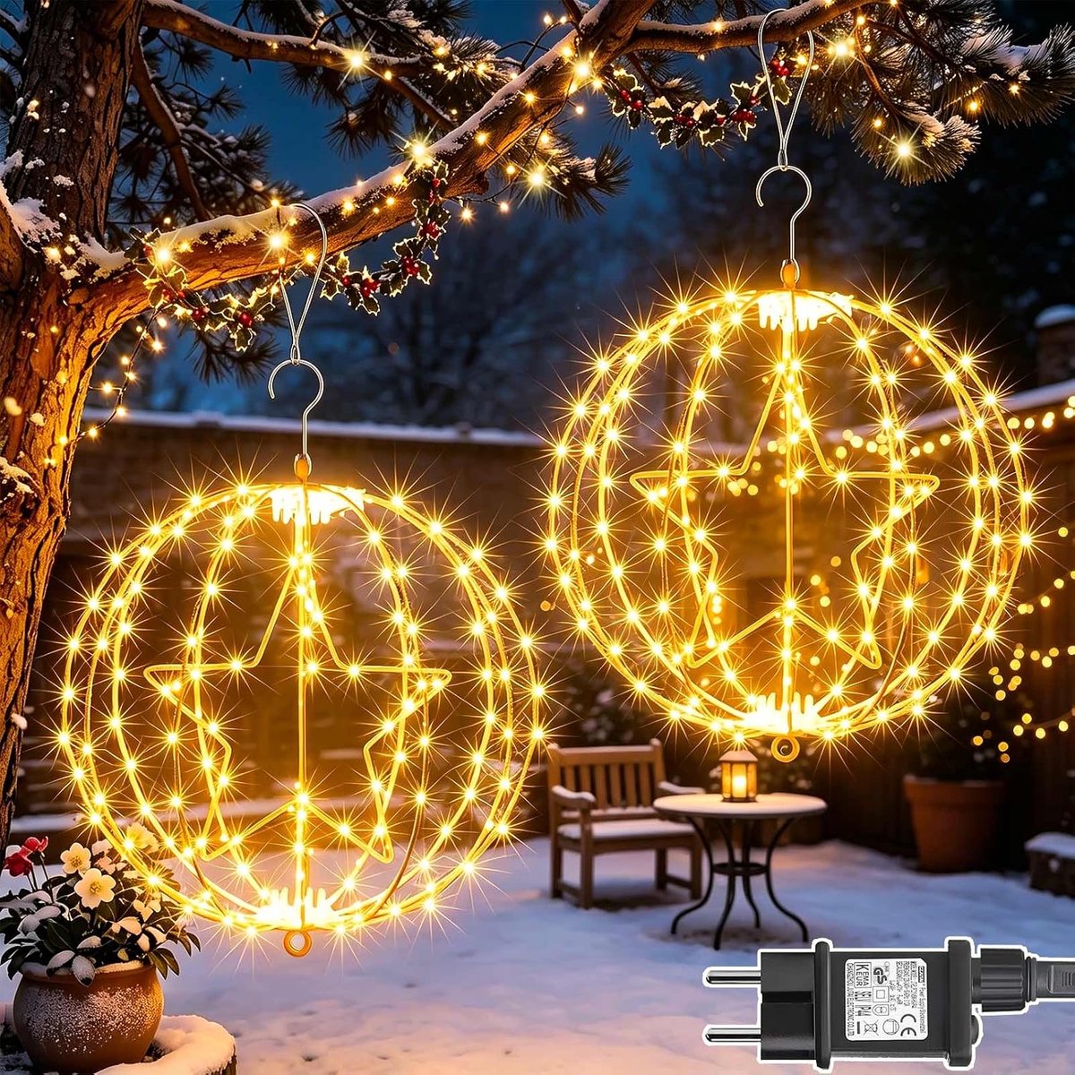 2 stuks 200 led-lichtballen voor Kerstmis met stekker, wit frame