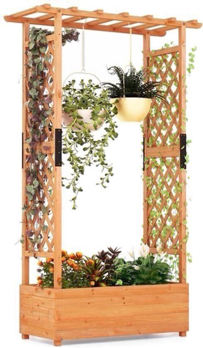 Houten Plantenbak – Verhoogde Tuinbak – Bloembak – Kruidenbak – Klimplantenbak – Met Klimhulp en Hangdak – Stevig Dennenhout – Waterafstotend Oranje 110x44x182 cm