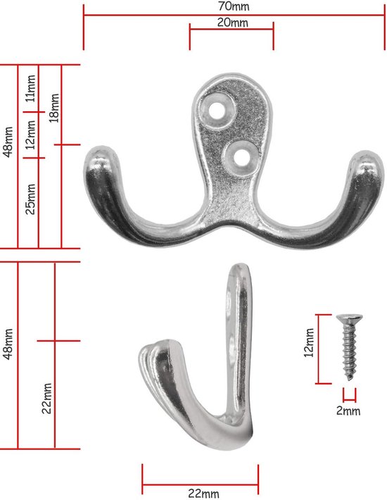 FUXXER® - antique double hooks, wardrobe hooks, towel hooks, clothes hooks, iron hooks, chrome design, vintage country - ShopVlot — afbeelding 3