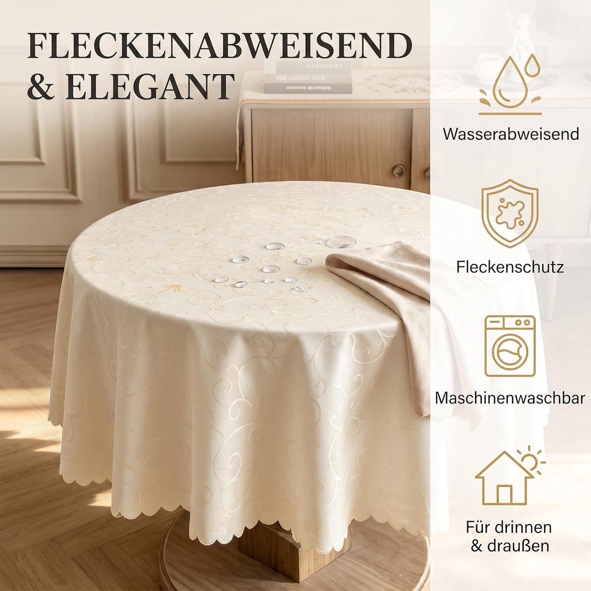 Tafelkleed rond 160 cm - beige damast-jacquard - waterafstotend met vlekbescherming - ideaal voor buitengebruik - ShopVlot