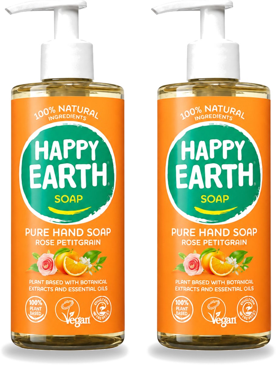 2 x Happy Earth – Handzeep – 100% Natuurlijk Rose Petitgrain – 300 ml - Voordeelverpakking - 2 stuks