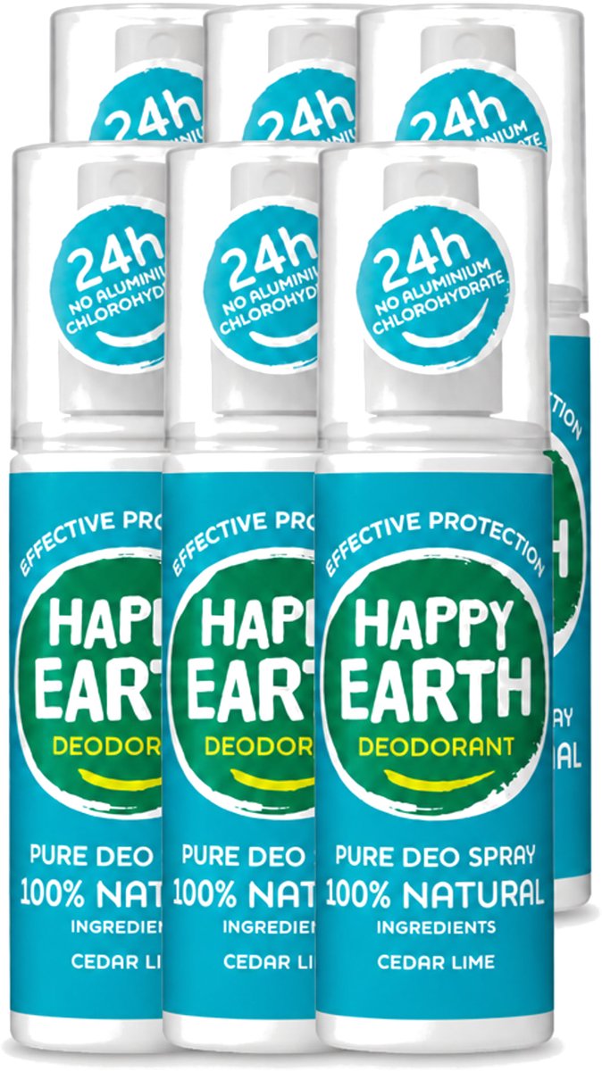 6 x Happy Earth – Deodorant Spray – 100% Natuurlijk Cedar Lime – 100 ml - Voordeelverpakking - 6 stuks