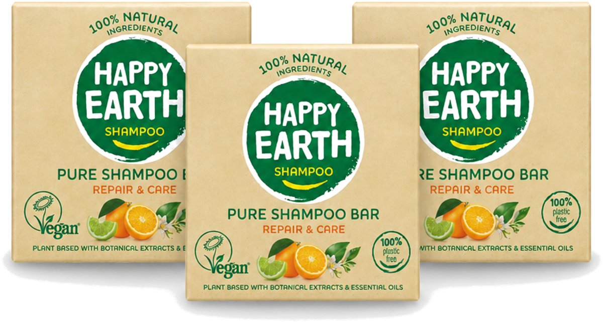 3 x Happy Earth – Shampoo Bar – 100% Natuurlijk Repair & Care – 70 g - Voordeelverpakking - 3 stuks
