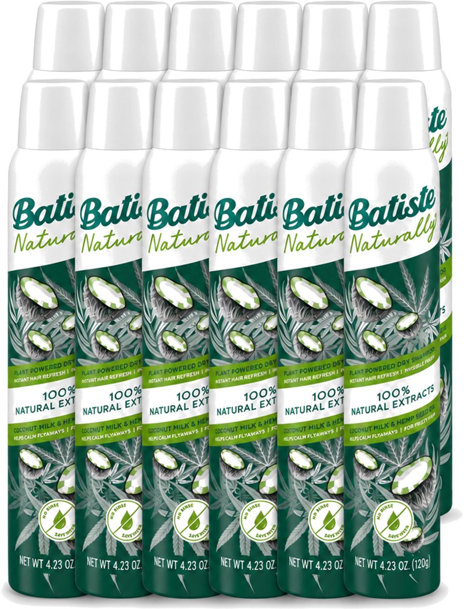 12 x Batiste - Naturally Coconut Milk & Hemp Seed Oil - Droogshampoo - Anti-Pluis en Verfrist - 100% Natuurlijk - 200ml - Voordeelverpakking - 12 stuks