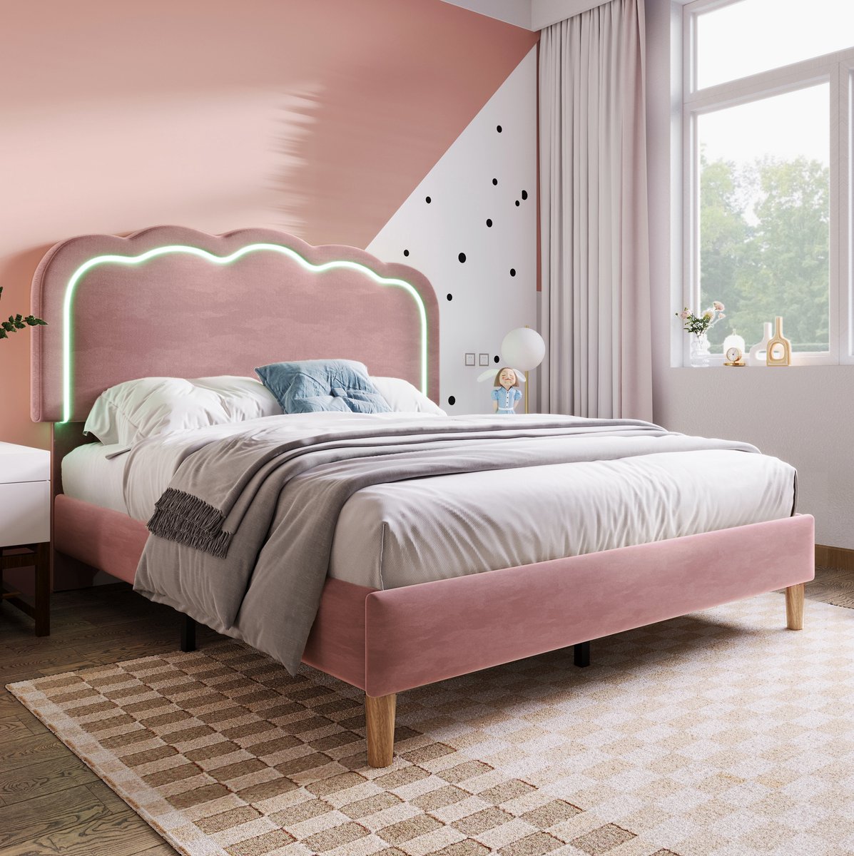 WUVRIE Gestoffeerd LED-bed 140 x 200 cm met lattenbodem en verstelbaar hoofdbord, roze fluweel