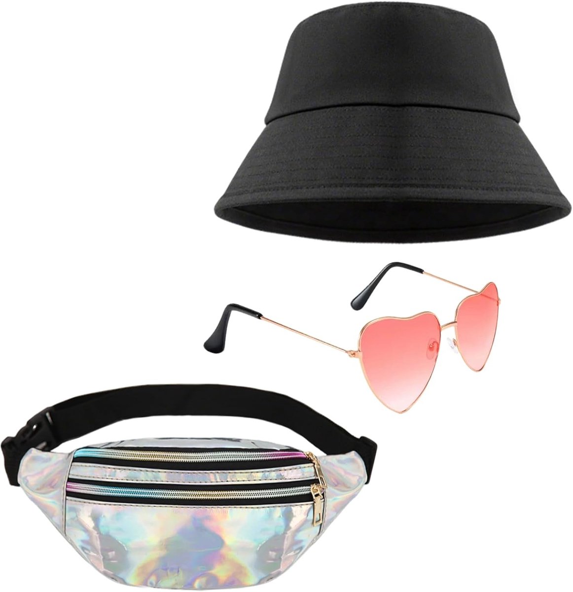 80s 90s outfit accessoires: zilveren PU heuptas, vissershoed, hartvormige zonnebril voor Mallorca feestoutfit en kostuums voor vrouwen