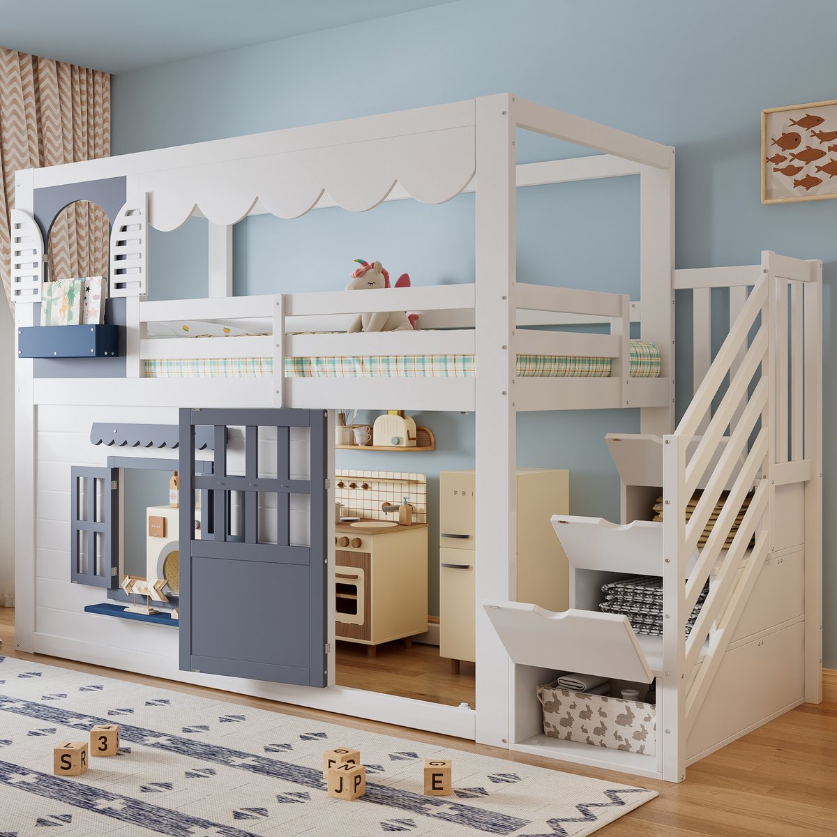 STILVORA Halfhoogslaper 90x200 cm – Huisbed Met Opbergtrap – Openklapbare Deur En Ramen – Kinderkamer – Hout – Wit-Blauw – Zonder Matras