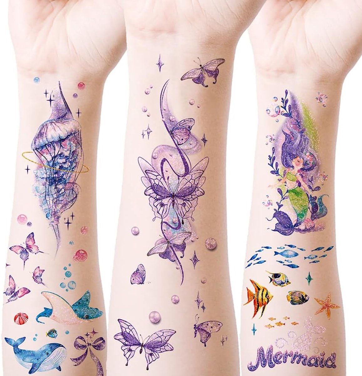 Set Van 12 Vellen Aquarelstickers Met Oceaan En Vlinder, Zeemeermin, Zeeleven En Fantasiethema