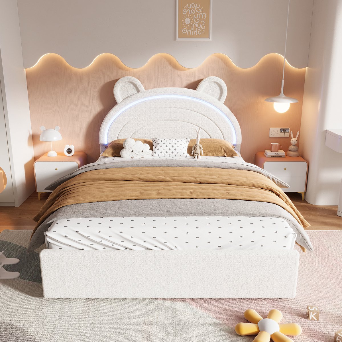 OKWISH Kinderbed 140x200 cm - Berenhoofdbord Met Ledverlichting Via App - 4 Opberglades Aan Beide Zijden - Zonder Matras - Fluweel - Beige