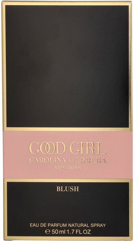 Zwarte verpakking met gouden randen. Roze band met 'GOOD GIRL CAROLINA HERRERA NEW YORK BLUSH' in gouden letters.