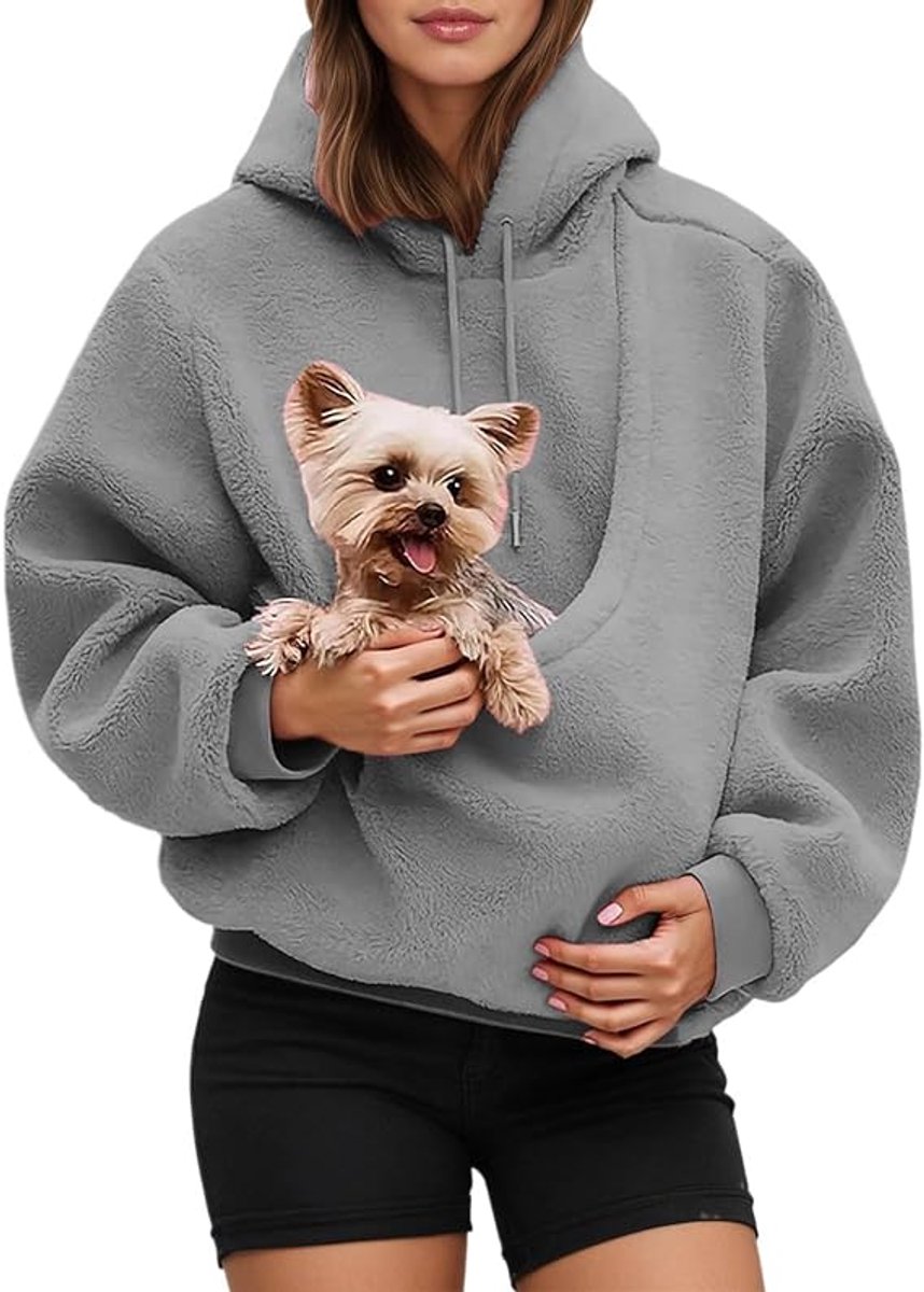 Dames Pet Pouch Hoodies - Oversized Fleece Sweatshirt - Puppy Kitten Kattenhouder Draagtassen Hoodies - Kangoeroezak - Hoodies met zakje voor huisdieren - 1 stuk - Grijs(M)