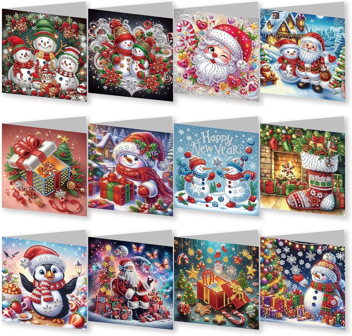 12 Stuks Diamond Painting Kerstwenskaarten - Sneeuwpop DIY Kaartenmaakset voor Volwassenen - Cadeau voor Familie en Vrienden - 1 Set