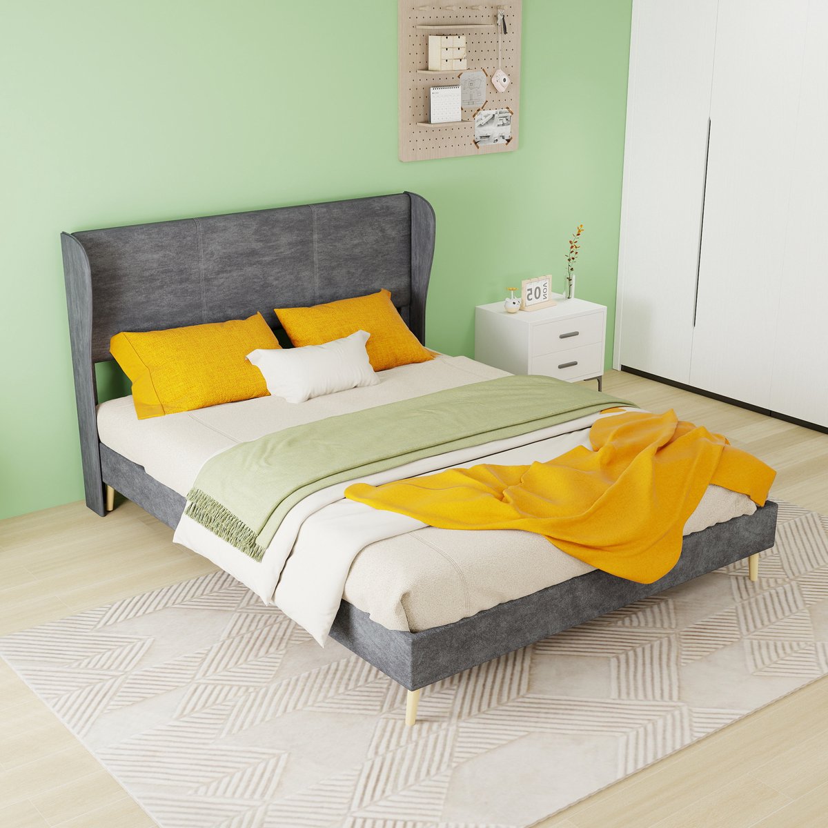 AURA LUMEN-Gestoffeerd bed-Twijnfelaarbed-140 x 200 cm-Zacht gestoffeerd hoofdbord-Laag profiel-Grijs