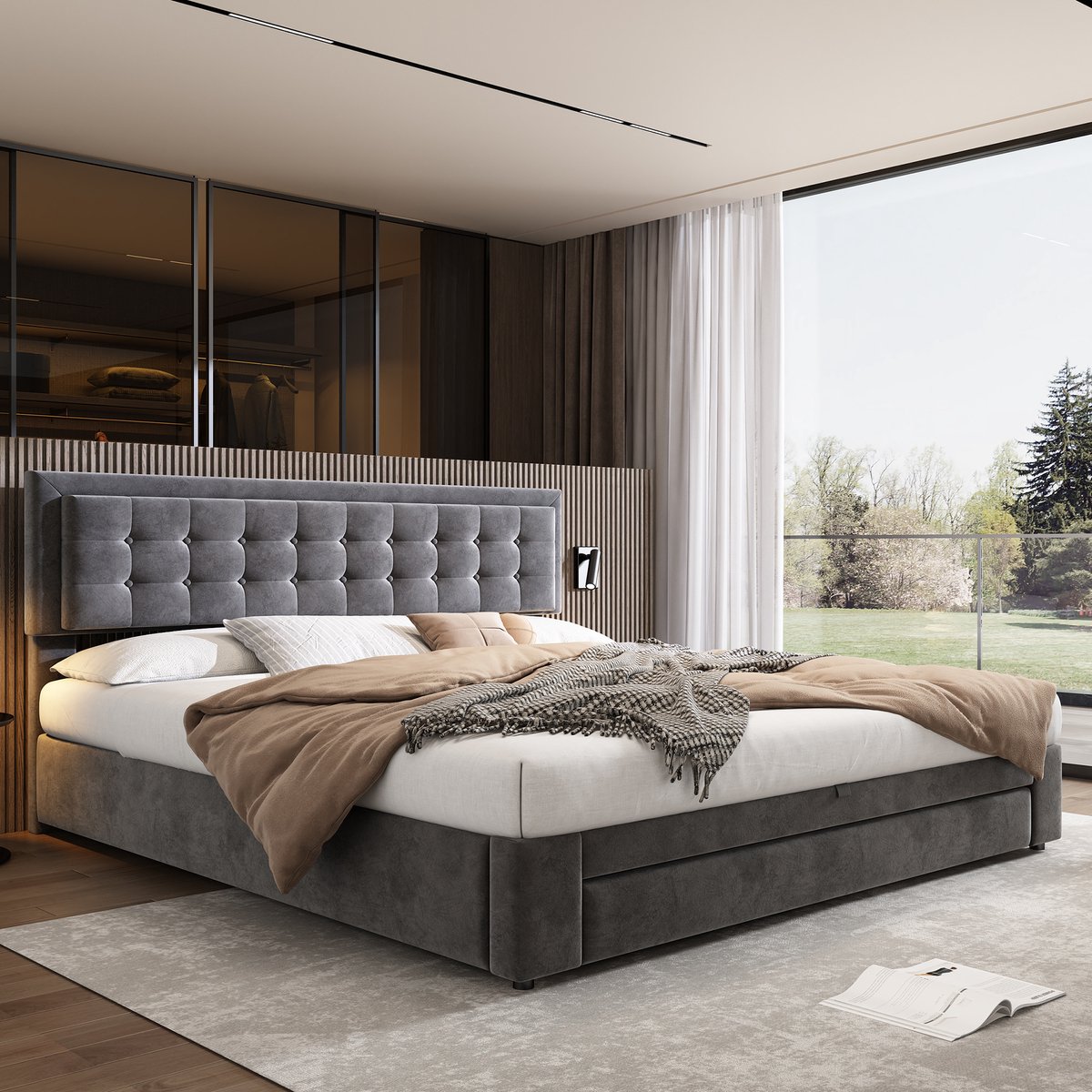 AURA LUMEN Gestoffeerd bed-Tweepersoonsbed-160 x 200 cm-Bed met opbergruimte-Hydraulisch bed-Grijs-Zonder matras