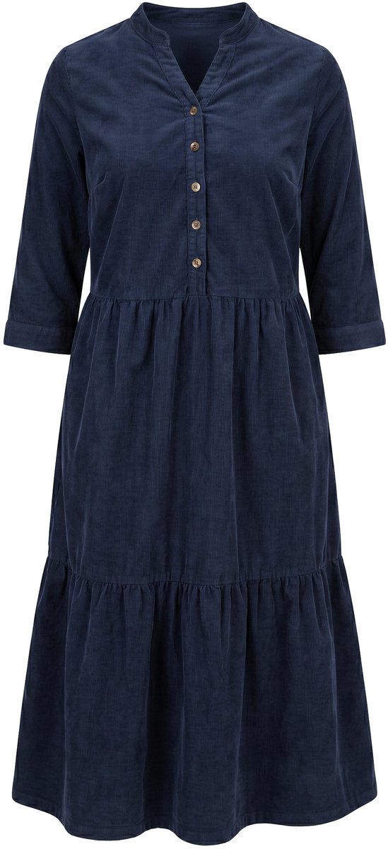 Ulla Popken - Dames - Maxi-jurk van corduroy opstaande kraag V-hals lange mouwen - Marine - Maat 62+