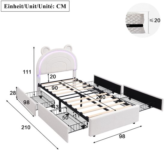 Technische tekening van een wit kinderbed met beerhoofd hoofdbord, ledverlichting en afmetingen.