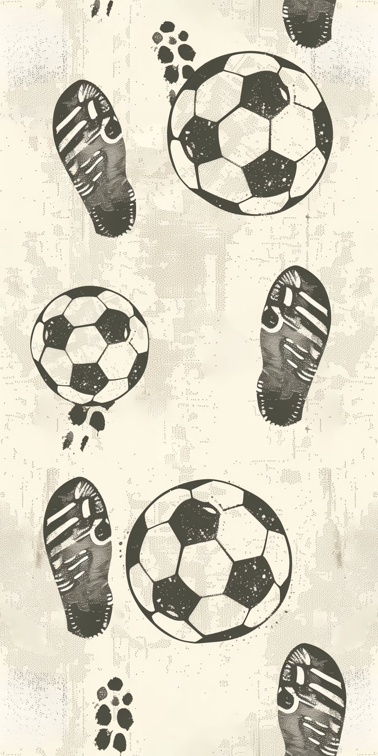 Bimago Behang – Traces and Balls - Black-and-white soccer motifs on a beige background – Vliesbehang Standard – 50 x 1000 cm – 5 m² – Meerkleurig – Modern Wandbehang voor Woonkamer, Slaapkamer, Kinderkamer en Kantoor