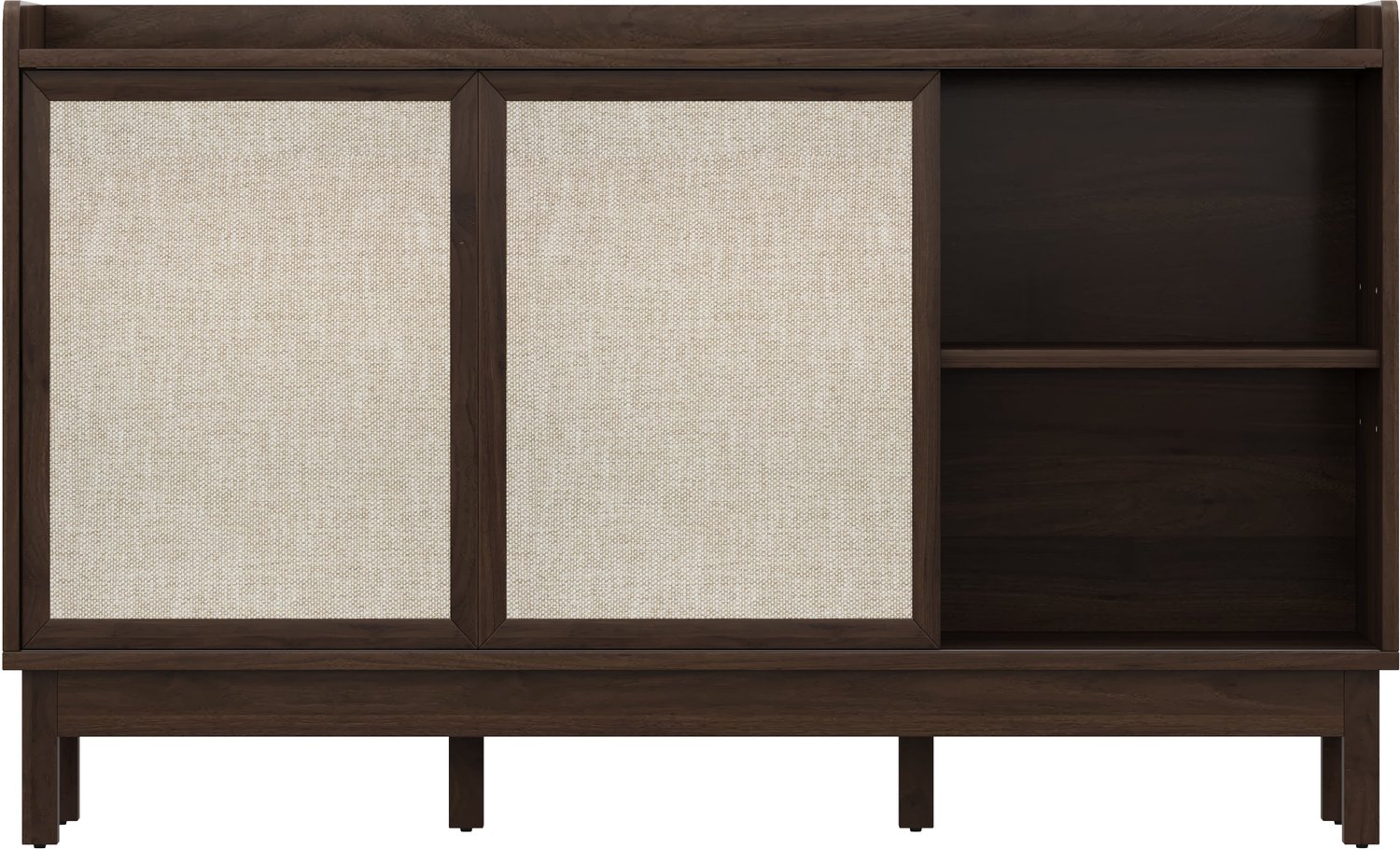SONNENH Dressoir - 2 schuifdeuren en 2 lades - Bruine houtlook met beige geweven fronten - 150 x 39,5 x 80 cm