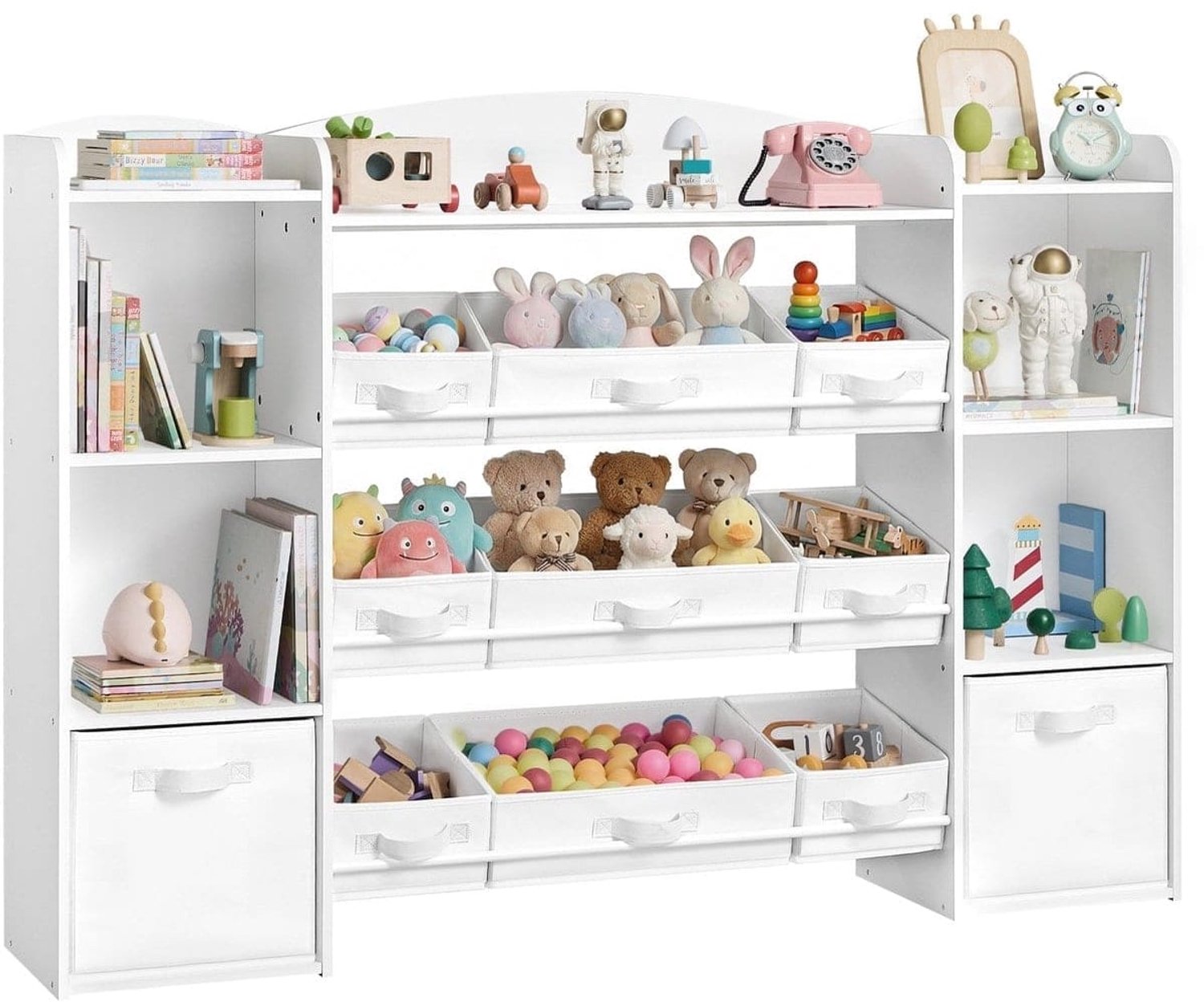 Klarven Kinderboekenkast Wit - Open Kinderboekenkast - Montessori Boekenkast - Kids Bookcase - 4 Open Vakken, 9 Middelgrote en 2 Zijvakken - Kantelbeveiliging