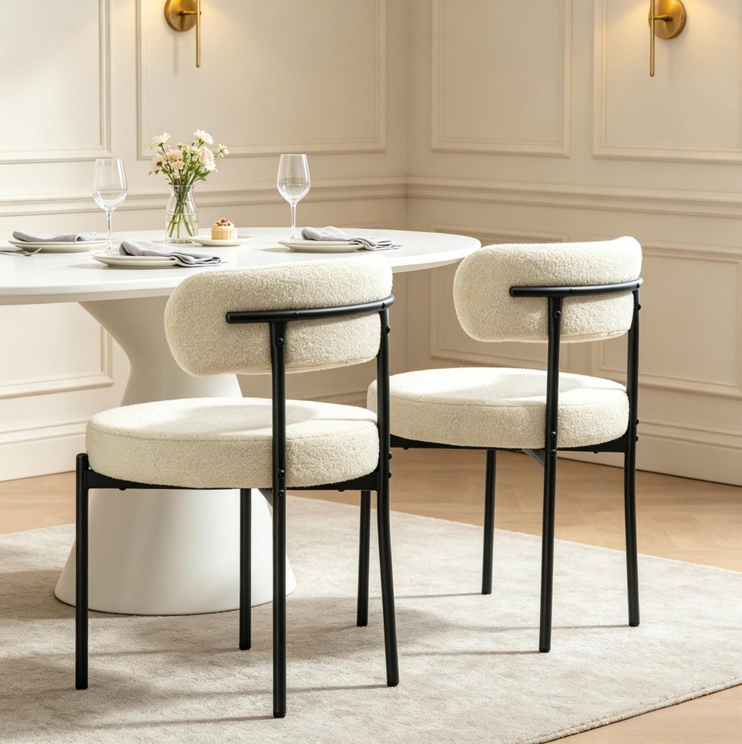 DESMIU Eetkamerstoel - Set Van 2 - Bouclé Stof Met Gestoffeerde Zitting En Stalen Poten - Voor Eetkamer En Keuken - Beige