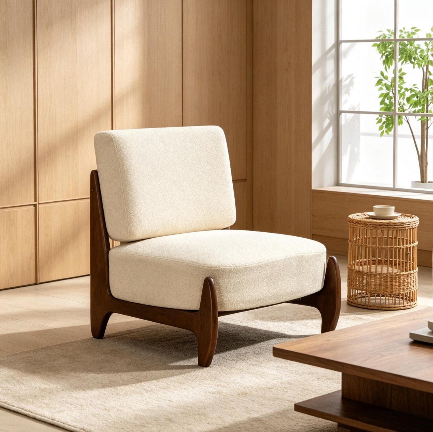 MODENUIT Fauteuil - Chenille Bekleding Dikke Zitvulling - Voor Woonkamer - Hout Crème - 73,5 x 72 x 81 cm