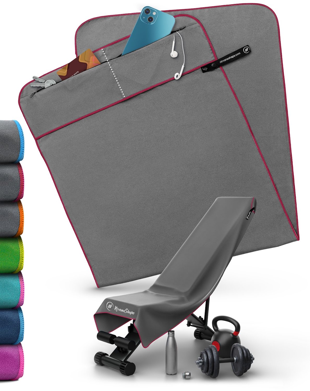 NirvanaShape - microvezel handdoek - sporthanddoek met 2 ritsvakjes - gym handdoek met verwijderbare magneetclip - compact en absorberend - 125 x 48 cm - Grijs / Lila Rand