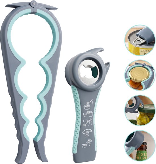Grijze 10-in-1 allesopener set met lichtblauwe grip, inclusief pot- en flesopener.