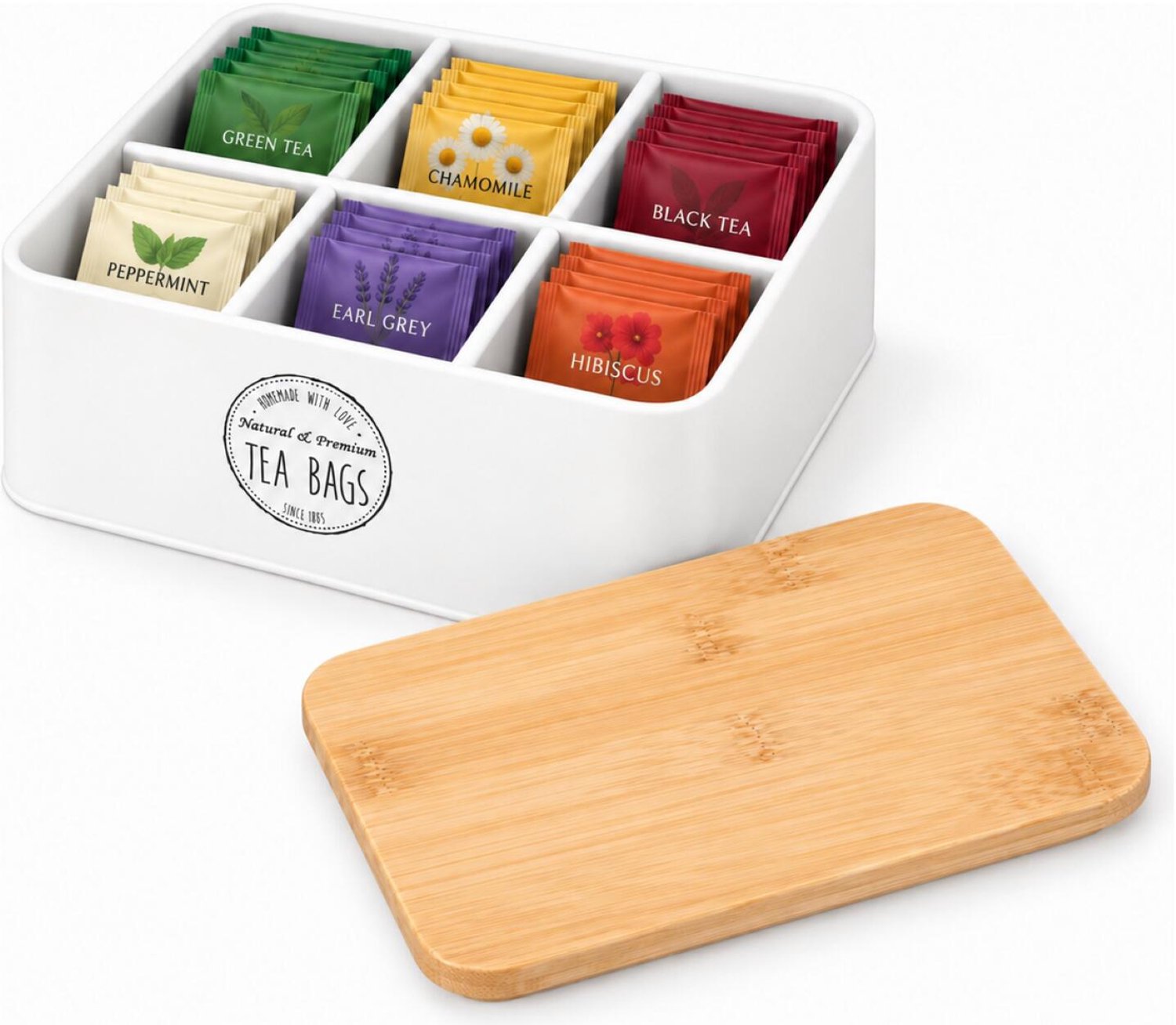 Bellatio Design Theedoos met bamboe deksel - wit - 6 vaks - metaal/hout - 16 x 19 x 8 cm - theebox