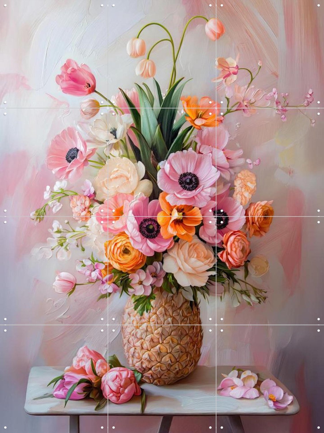 IXXI Romantic Pastel Floral Still Life Painting with Flowers in Pineapple Vase, OTTI - 60 x 80 cm - Grote wanddecoratie en posters - Modern Roze