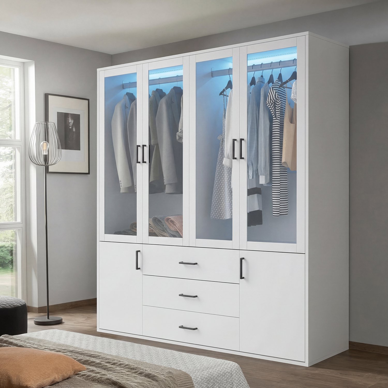 ROSAHQNDA Kledingkast 160x51,8x182 cm, 6-deurs kledingkast met 3 lades en kledingroede, ruime opbergkast voor slaapkamer, wit