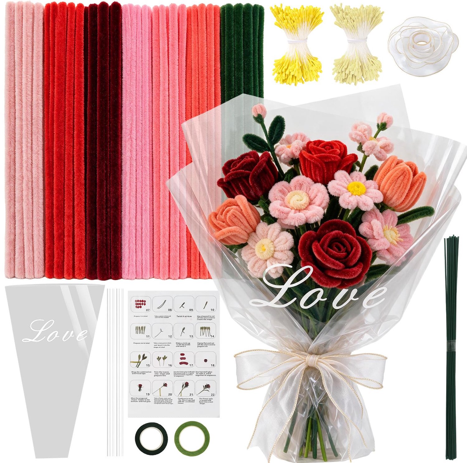 Pijpenreinigers 400 stuks - rode bloemen - met bloemen stofblad - ideaal voor knutselprojecten - m-winkel