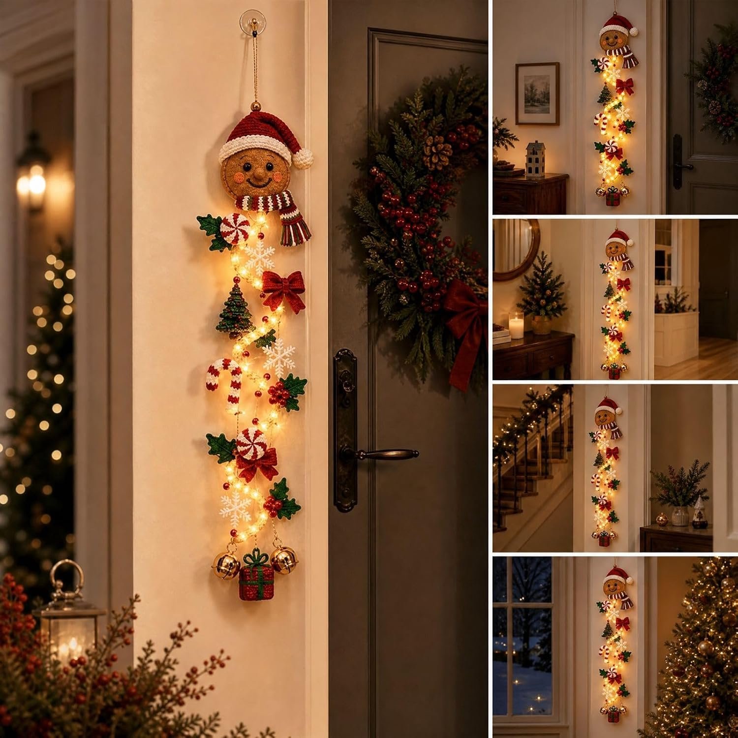Verlichte Kerstdeurhanger - Gingerbread Man Peperkoekmannetje - Kerstdecoratie voor Deur, Muur & Raam - Verticale Kerstversiering - Rustieke Stoffen Decoratie - Feestelijke Kerstdecoratie voor Binnen – foto 3