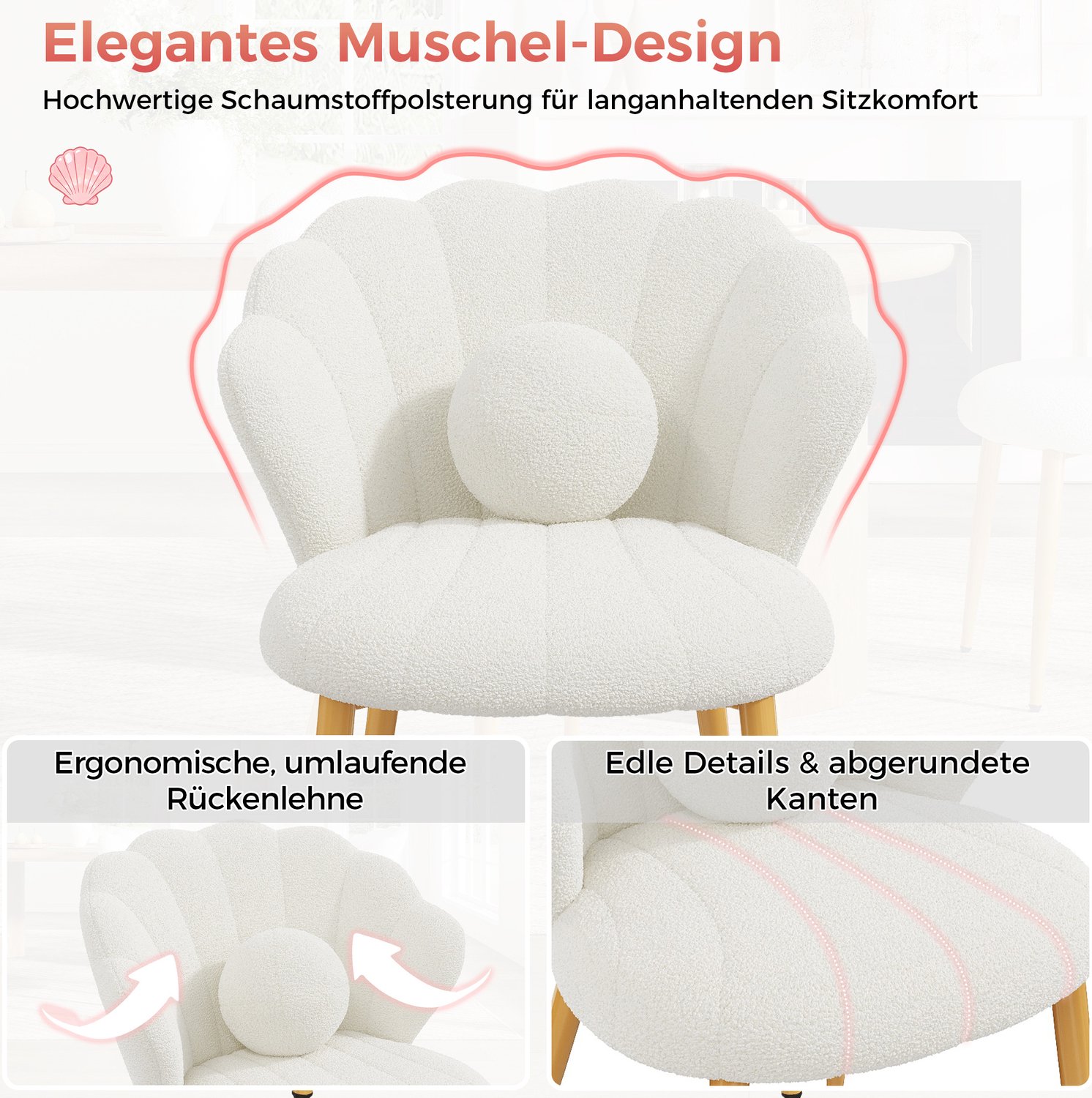 FloraGrace Eetkamerstoel 60 x 62,5 x 83 cm – Set Van 2 Met Schelpdesign – Teddy Stof En Metalen Poten – Eetkamer Of Kaptafel – Wit